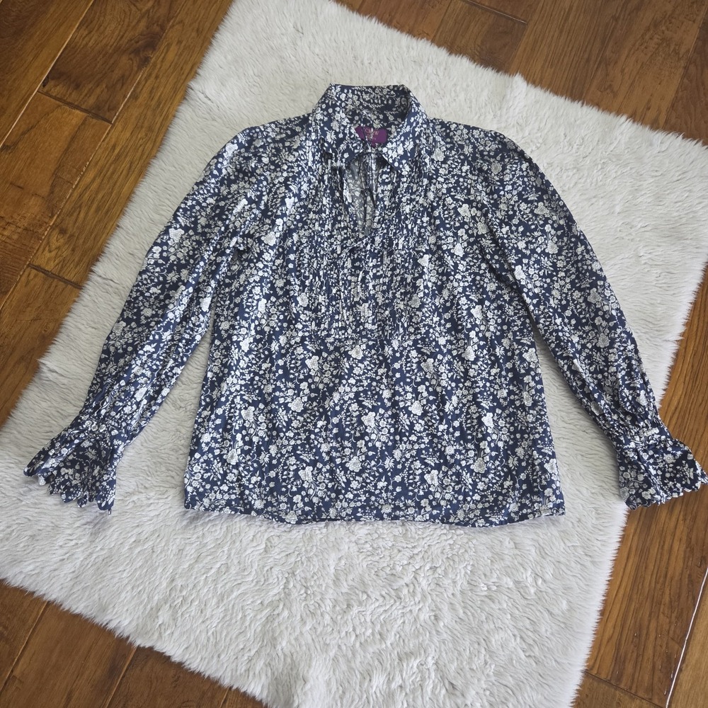 J. Crew x Liberty Scalloped Popover Top Women's XS Summer Bloom Blue White